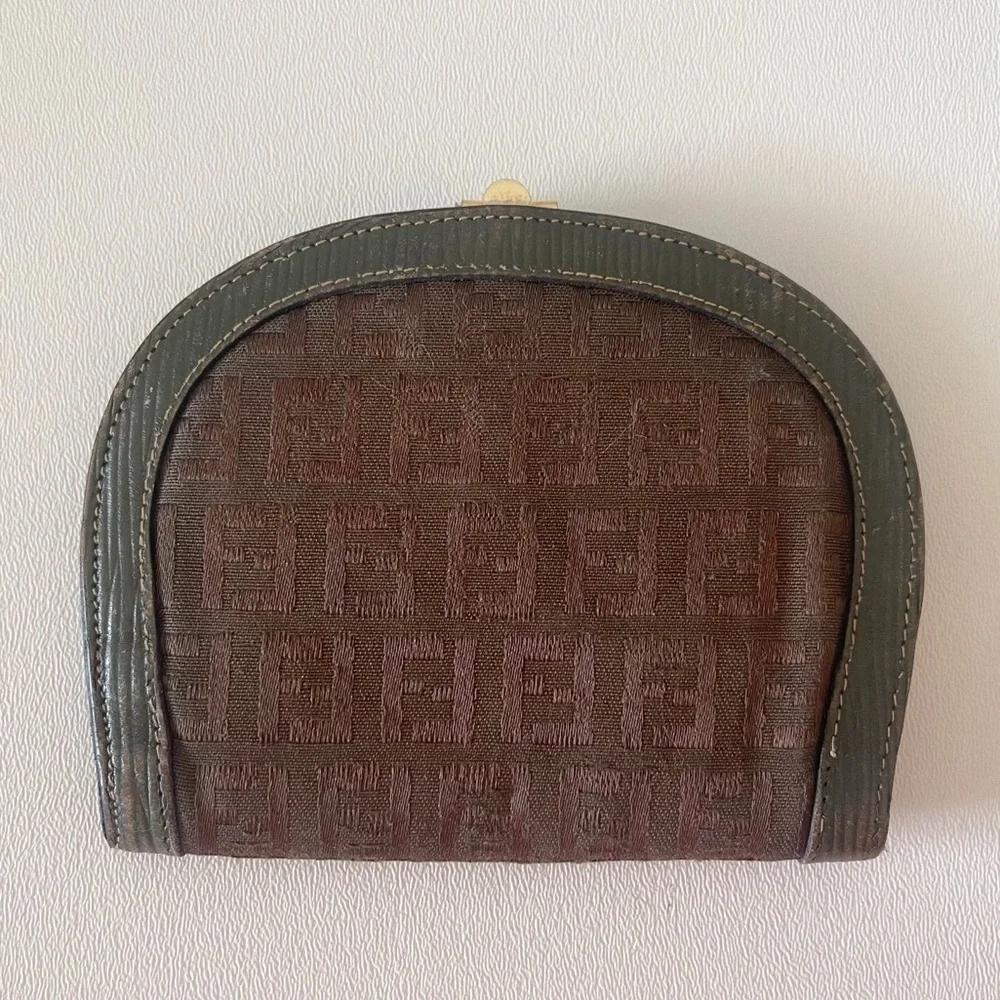 Fendi Wallet Zucca Demi-Lune Bi-Fold Coin Purse Vintage Luxury Brown Green